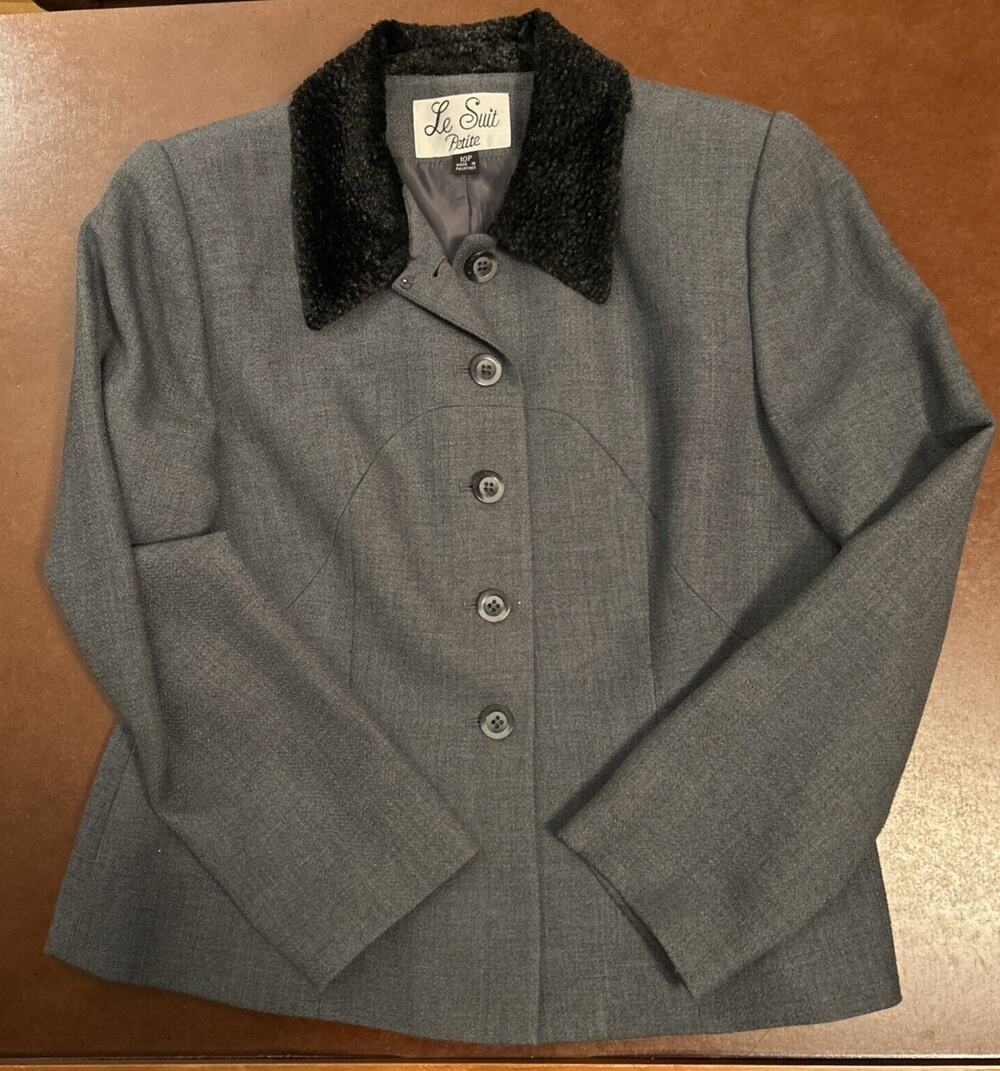 Vintage Le Suit Womens Sz 10P Jacket Gray Blazer Single Breasted Polyester Wool